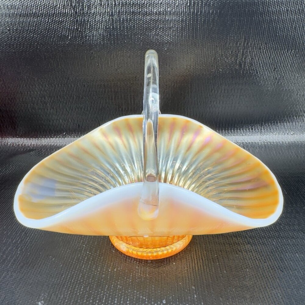 Dugan Caroline Peach Opal Opalescent Carnival Glass Handled‎ Basket Bowl Antique